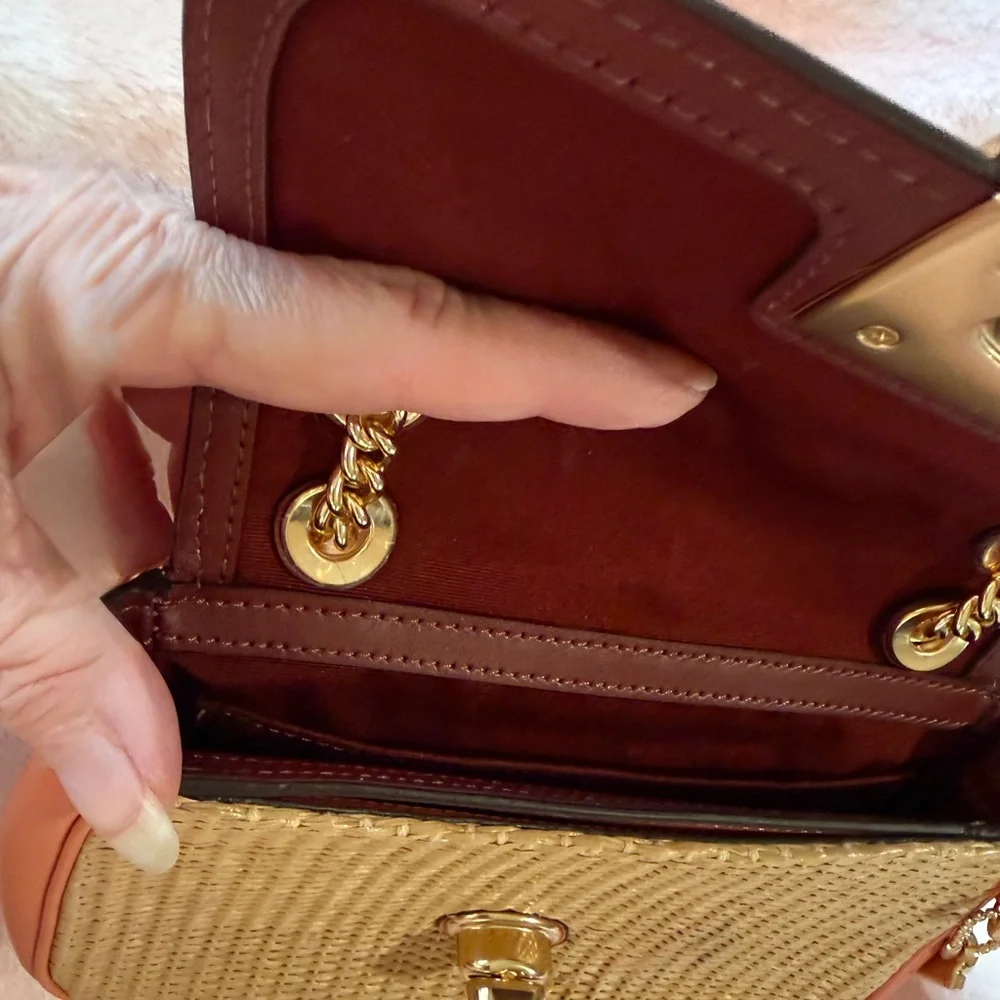Coach Coral Pink Straw Crossbody‎ Bag with Gold Chain
